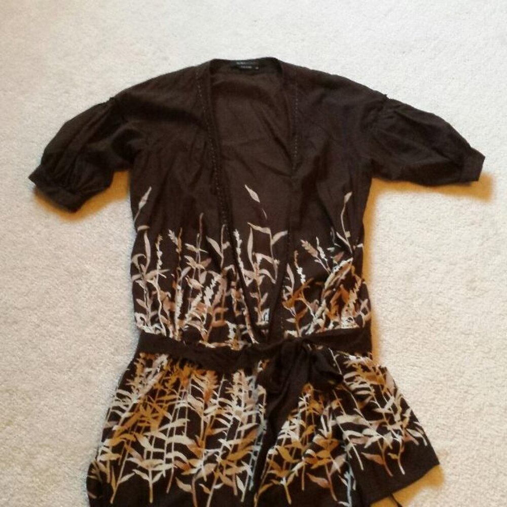 BCBG Silk & Cotton Wrap Top – Dark Brown Nature Print – Size XS, EUC